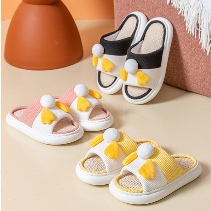 Zapatillas de cáñamo para mujer, zapatos de algodón transpirables antideslizantes con dibujos de pato para dormitorio y parejas, chanclas divertidas para el hogar, novedad de primavera