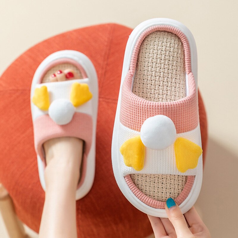 Zapatillas de cáñamo para mujer, zapatos de algodón transpirables antideslizantes con dibujos de pato para dormitorio y parejas, chanclas divertidas para el hogar, novedad de primavera