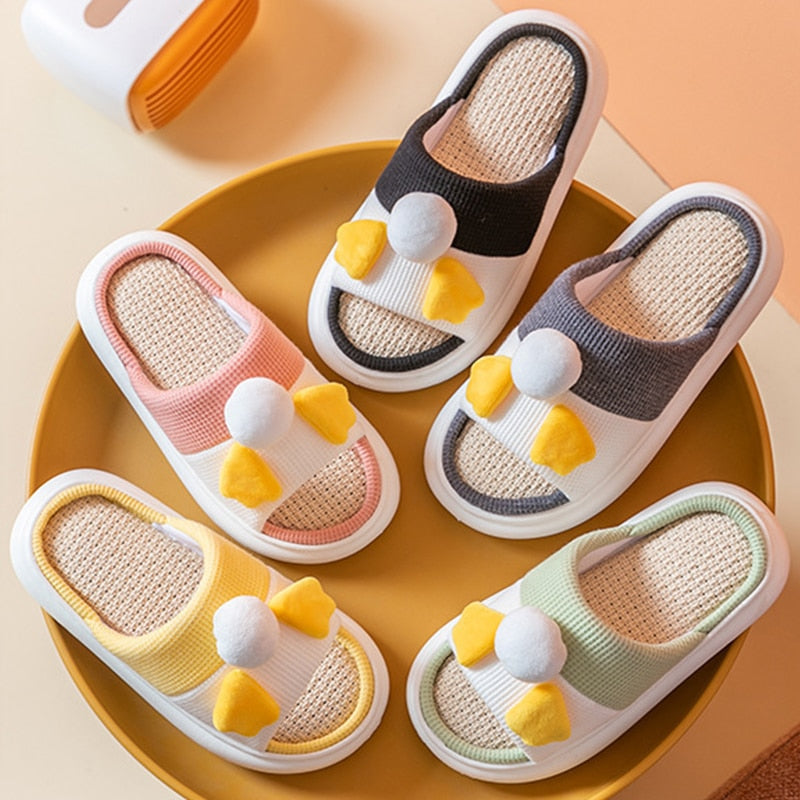 Zapatillas de cáñamo para mujer, zapatos de algodón transpirables antideslizantes con dibujos de pato para dormitorio y parejas, chanclas divertidas para el hogar, novedad de primavera