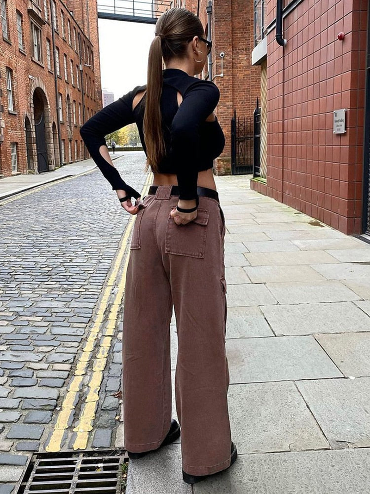 Rockmore-pantalones vaqueros holgados Vintage para mujer, ropa de calle de los años 90, pantalones Cargo de pierna ancha con bolsillos, pantalones vaqueros rectos de cintura baja 2021