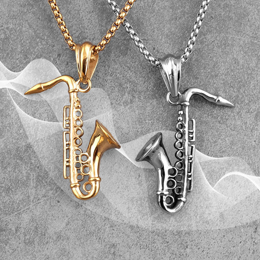 Collares largos de saxofón dorado para hombre, cadena con colgante Punk, genial para novio, joyería de acero inoxidable, regalo creativo al por mayor