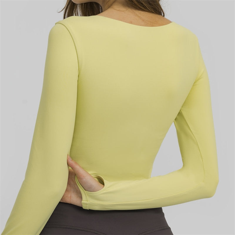 Nepoagym WIND Top corto de manga larga para mujer con sujetador acolchado Top de yoga suave Camisas cómodas de entrenamiento de gimnasio