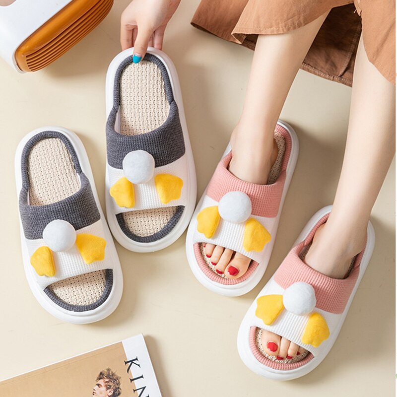 Zapatillas de cáñamo para mujer, zapatos de algodón transpirables antideslizantes con dibujos de pato para dormitorio y parejas, chanclas divertidas para el hogar, novedad de primavera