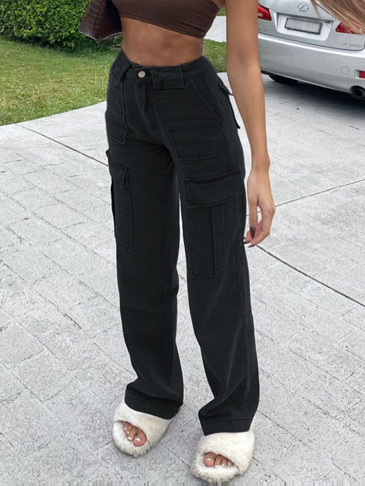Rockmore-pantalones vaqueros holgados Vintage para mujer, ropa de calle de los años 90, pantalones Cargo de pierna ancha con bolsillos, pantalones vaqueros rectos de cintura baja 2021