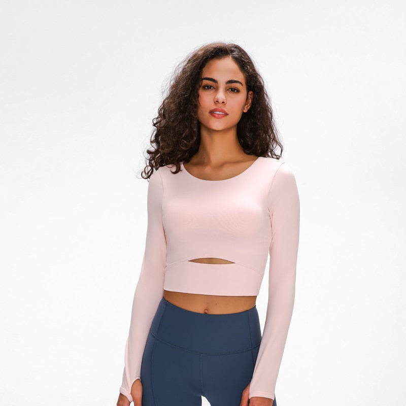 Nepoagym WIND Top corto de manga larga para mujer con sujetador acolchado Top de yoga suave Camisas cómodas de entrenamiento de gimnasio