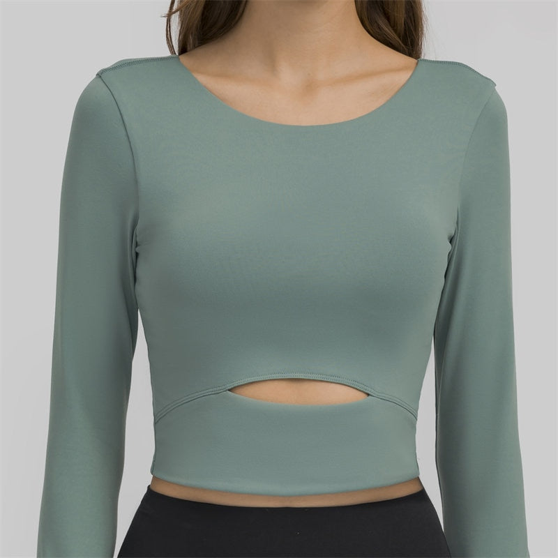 Nepoagym WIND Top corto de manga larga para mujer con sujetador acolchado Top de yoga suave Camisas cómodas de entrenamiento de gimnasio