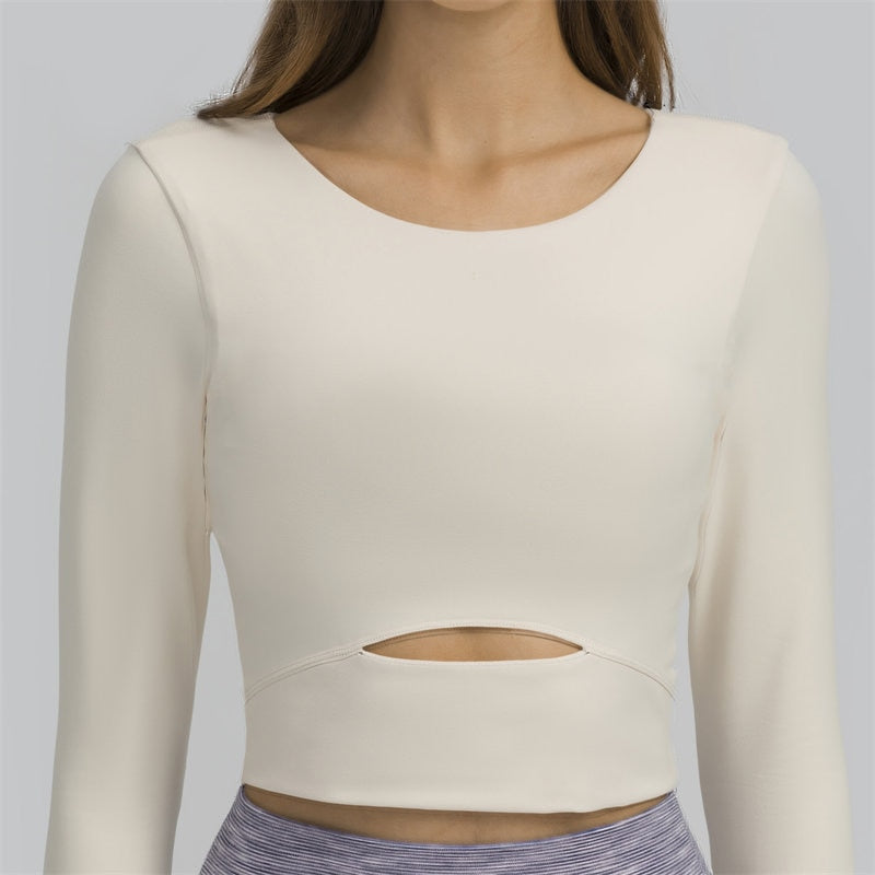 Nepoagym WIND Top corto de manga larga para mujer con sujetador acolchado Top de yoga suave Camisas cómodas de entrenamiento de gimnasio