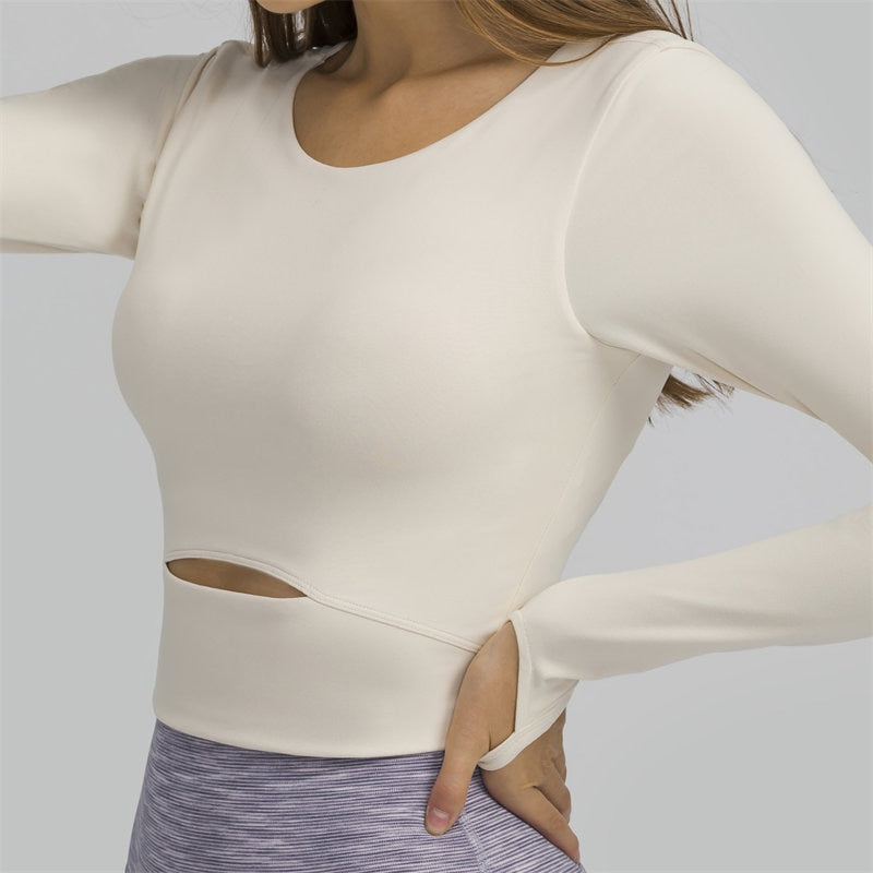 Nepoagym WIND Top corto de manga larga para mujer con sujetador acolchado Top de yoga suave Camisas cómodas de entrenamiento de gimnasio