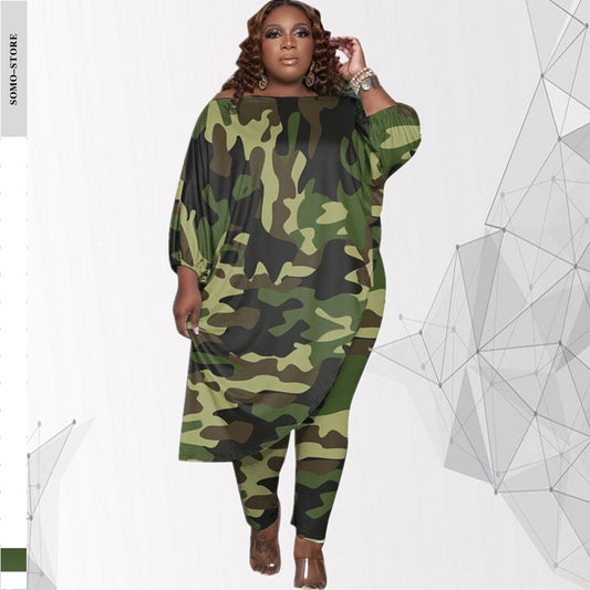 Chándal de talla grande para mujer, ropa de moda de estilo otoñal, largo, holgado, de camuflaje, hombro oblicuo, venta al por mayor, envío directo