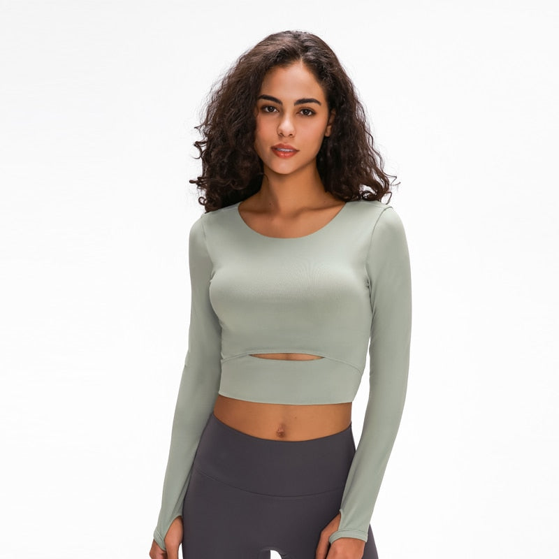 Nepoagym WIND Top corto de manga larga para mujer con sujetador acolchado Top de yoga suave Camisas cómodas de entrenamiento de gimnasio
